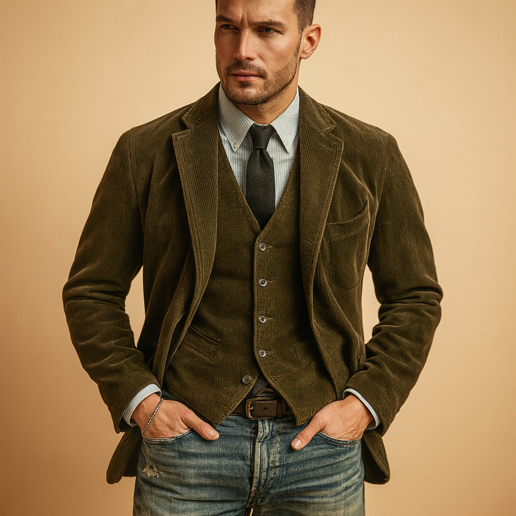 Men’s retro corduroy jacket with soft fabric and practical pockets, perfect for autumn and winter casual or formal outfits.