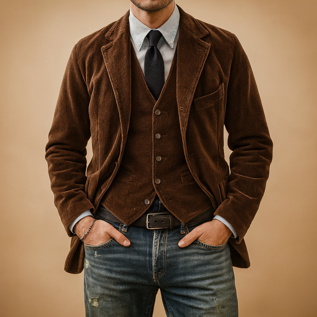 Men’s retro corduroy jacket with soft fabric and practical pockets, perfect for autumn and winter casual or formal outfits.