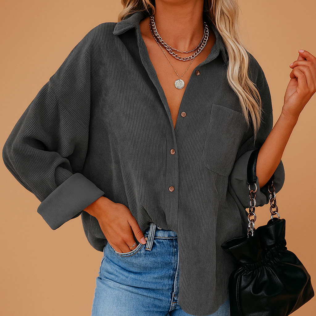 Corduroy knitted jacket for women with rib-knit detailing and relaxed fit, perfect for layering in autumn, winter, and spring.