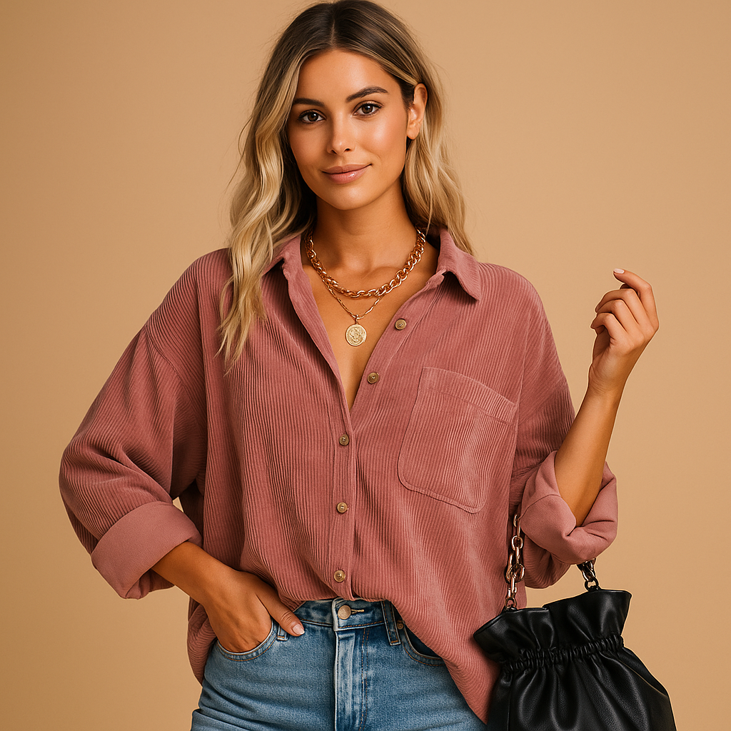 Corduroy knitted jacket for women with rib-knit detailing and relaxed fit, perfect for layering in autumn, winter, and spring.