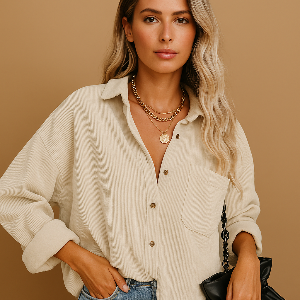 Corduroy knitted jacket for women with rib-knit detailing and relaxed fit, perfect for layering in autumn, winter, and spring.