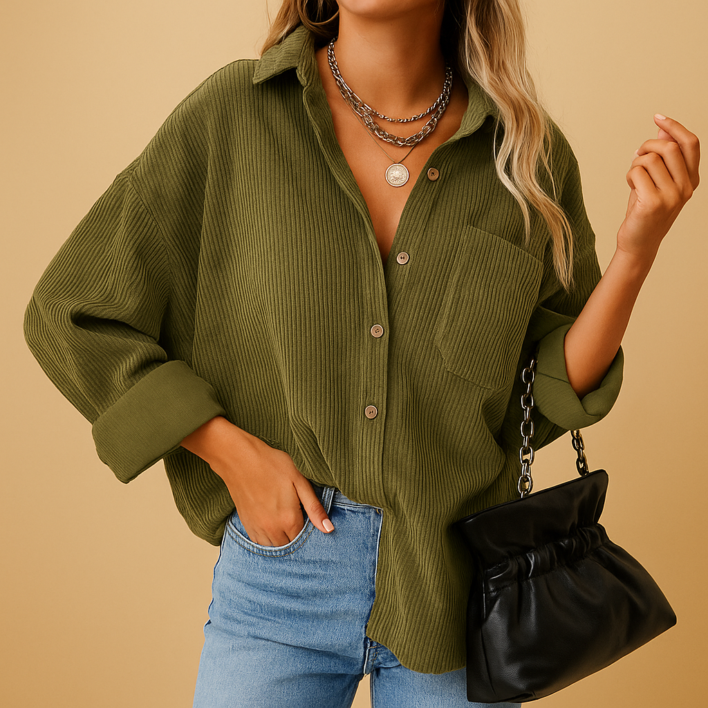 Corduroy knitted jacket for women with rib-knit detailing and relaxed fit, perfect for layering in autumn, winter, and spring.