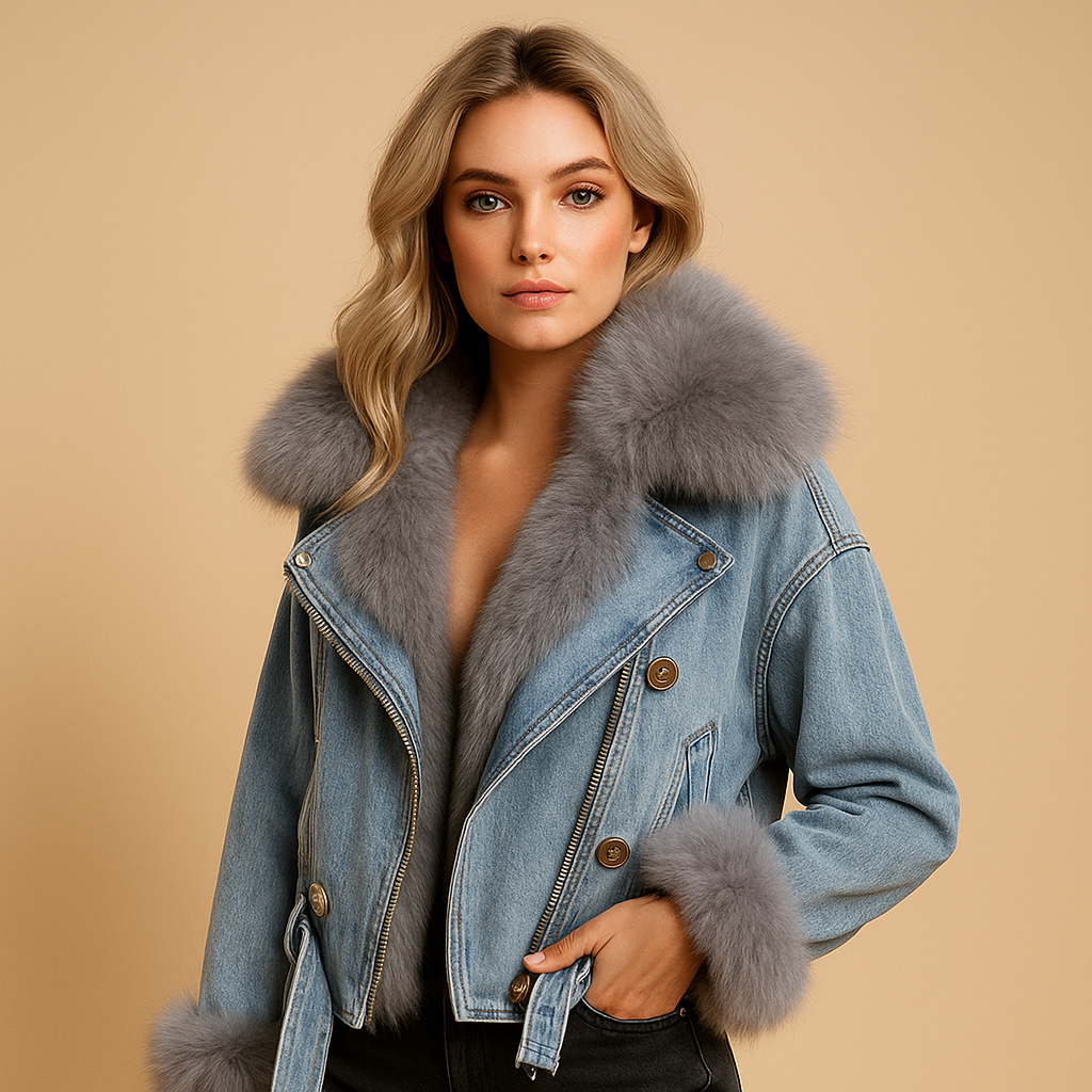 Women’s cropped denim winter jacket in classic blue with soft faux fur lining. A warm and stylish choice for cold days and everyday wear.