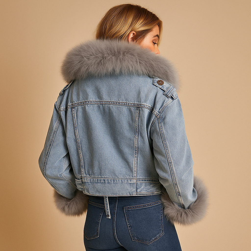 Women’s cropped denim winter jacket in classic blue with soft faux fur lining. A warm and stylish choice for cold days and everyday wear.