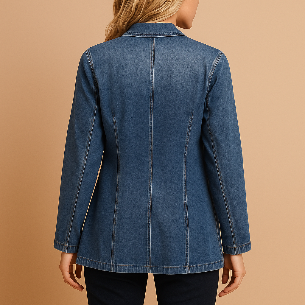 Women’s tailored denim blazer with a flattering fit and classic lapel collar, ideal for work, casual outings or stylish gatherings.