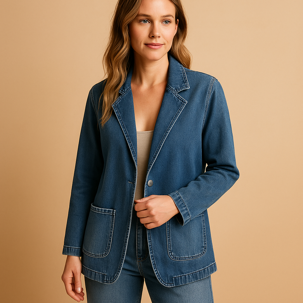 Women’s tailored denim blazer with a flattering fit and classic lapel collar, ideal for work, casual outings or stylish gatherings.