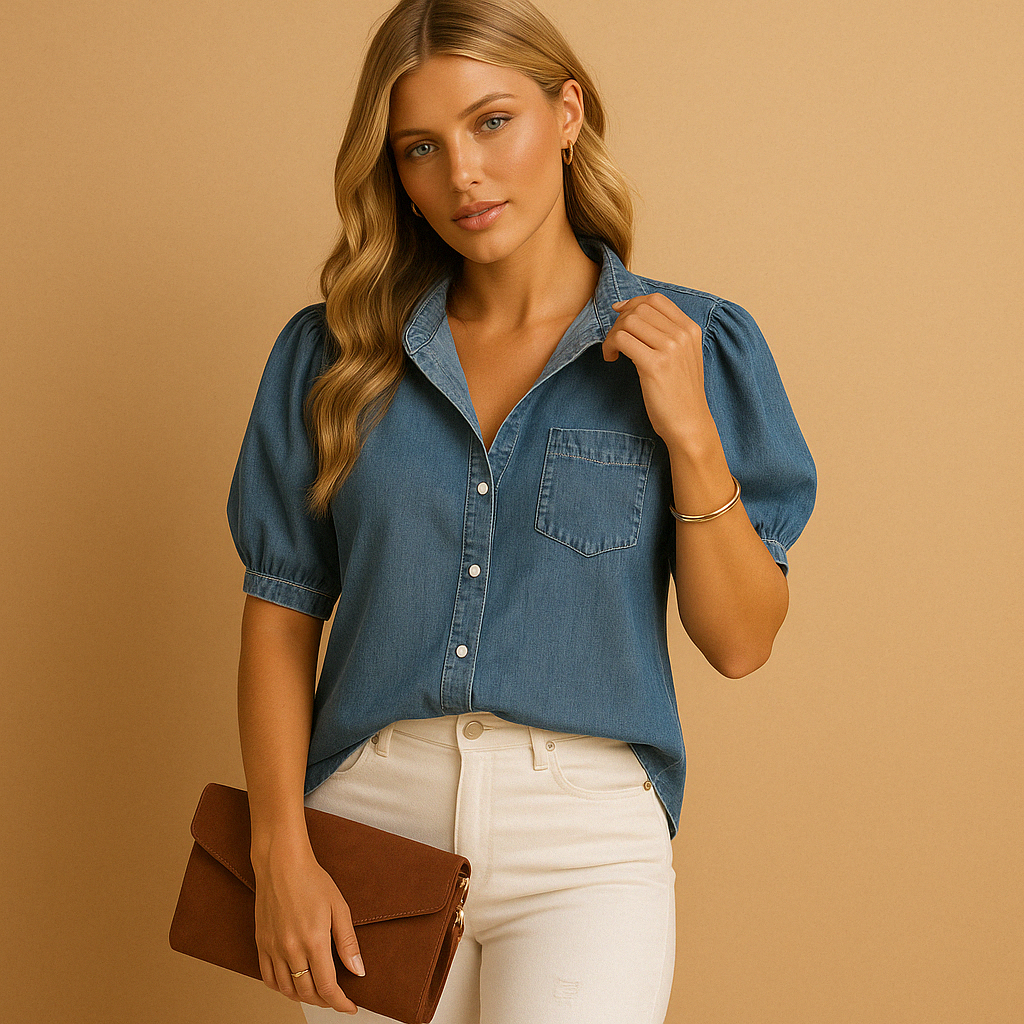 Women’s denim button-up blouse with tailored fit and long sleeves, perfect for casual outfits, fall fashion, and layered looks.
