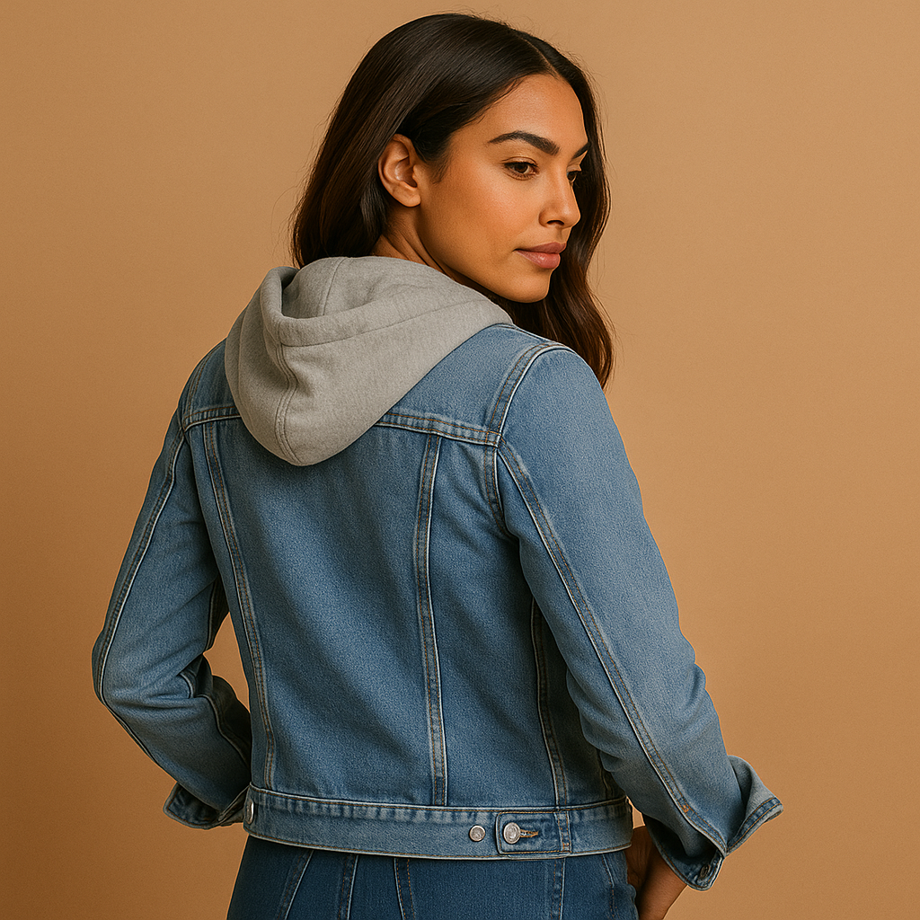 Women’s denim jacket with hood, lightweight breathable design, and front pockets. Perfect for summer outfits, casual wear, and layering.