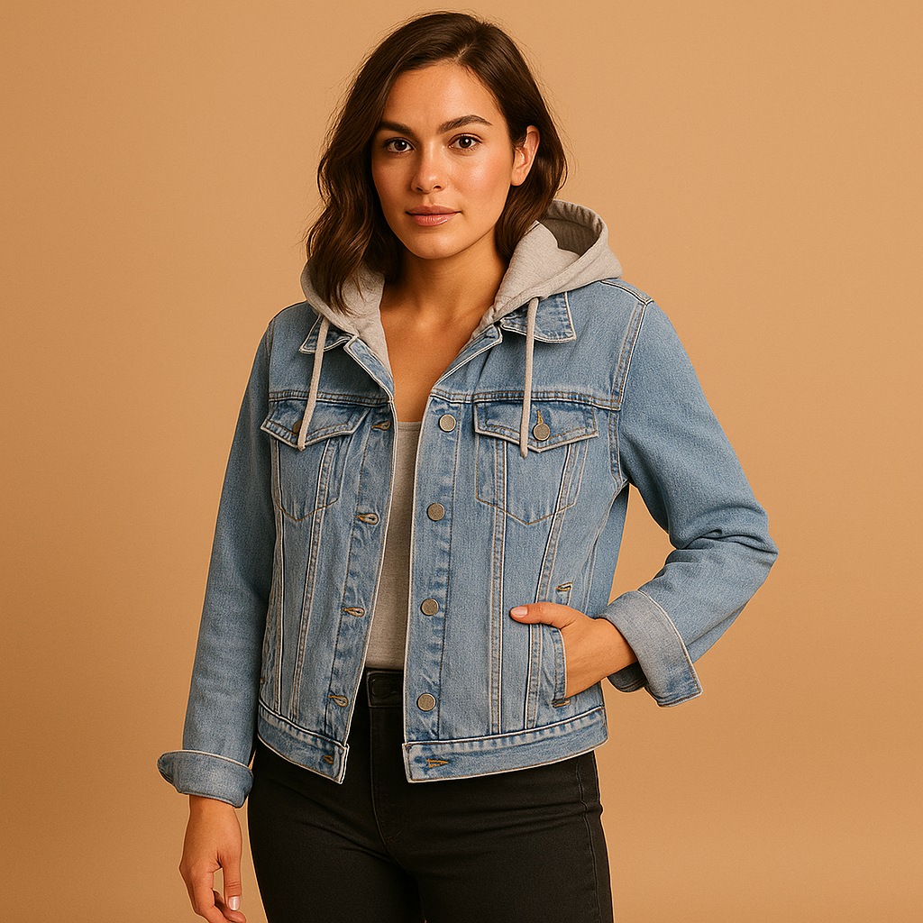 Women’s denim jacket with hood, lightweight breathable design, and front pockets. Perfect for summer outfits, casual wear, and layering.