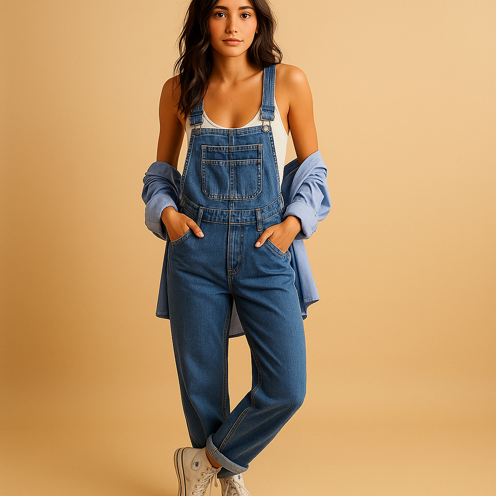 Denim overall for women with adjustable straps and relaxed fit, perfect for casual days, weekend outings, and timeless everyday style.