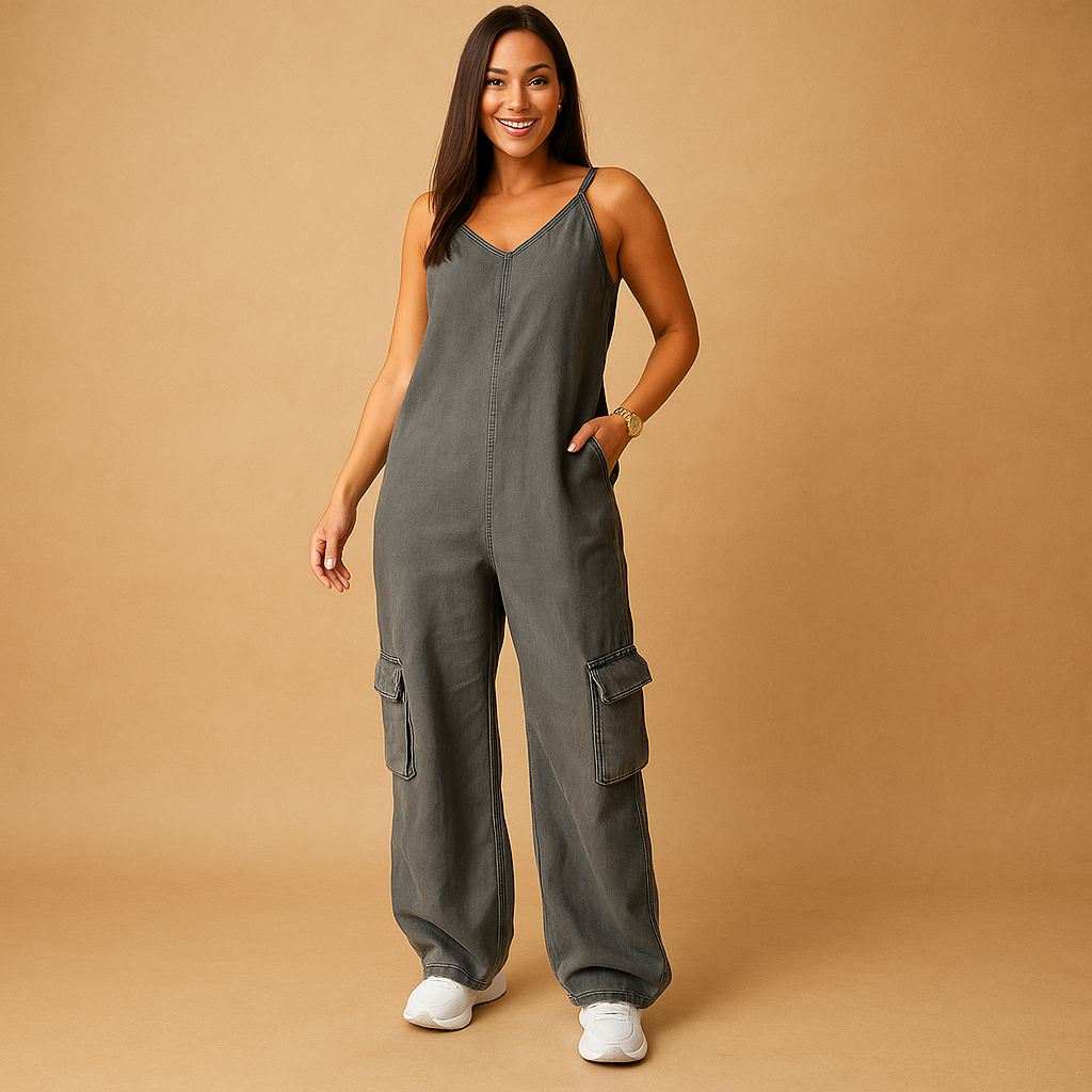 Denim V-neck jumpsuit for women with open back and crossed straps, made from breathable cotton for casual days, festivals, and summer outings.