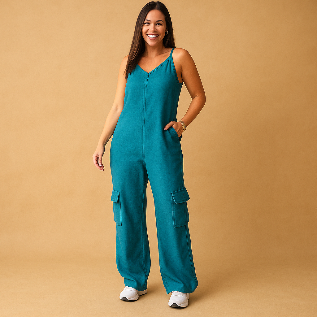 Denim V-neck jumpsuit for women with open back and crossed straps, made from breathable cotton for casual days, festivals, and summer outings.