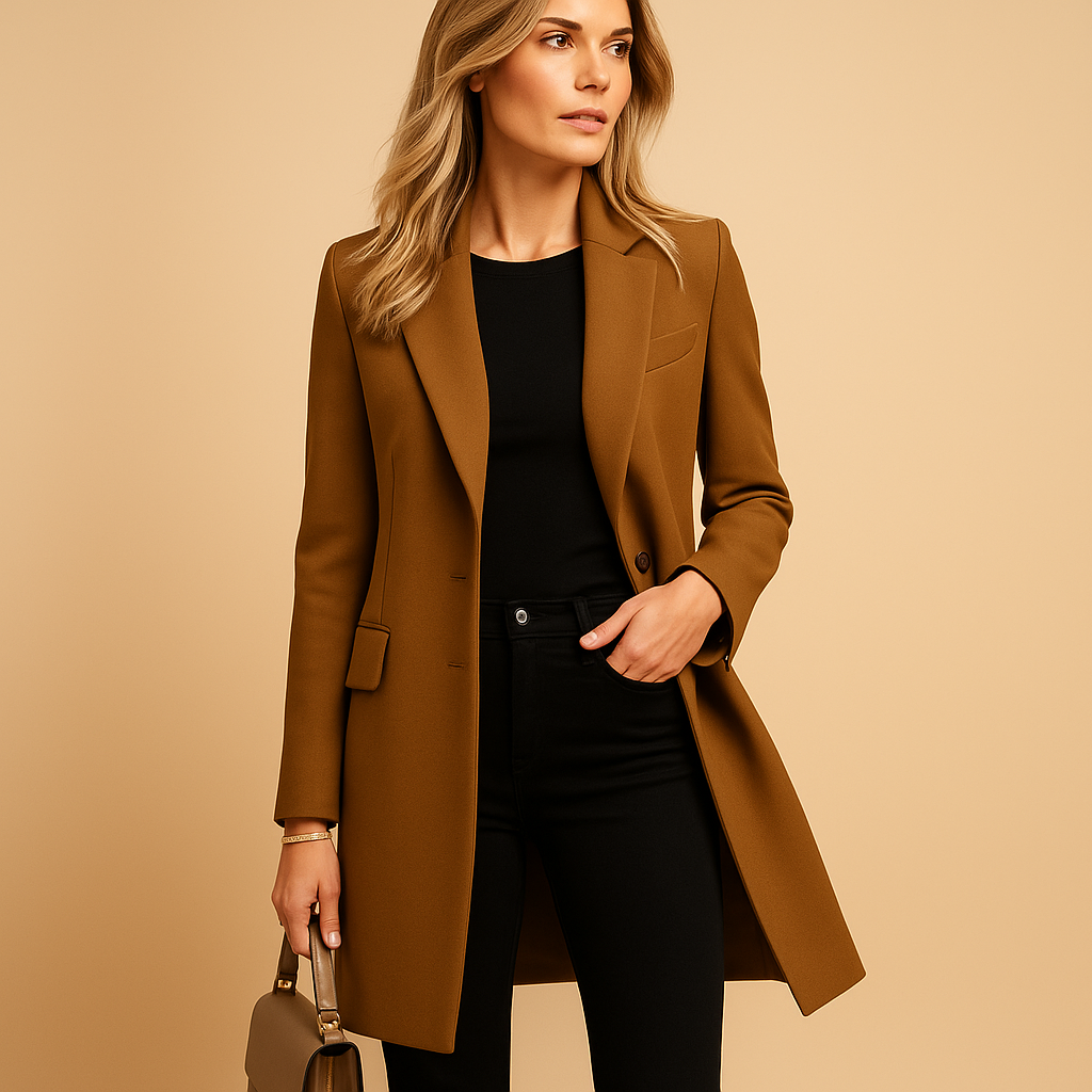 Double-breasted trench coat for women with tailored fit and classic design details. Perfect for formal occasions, work, or stylish daily wear.