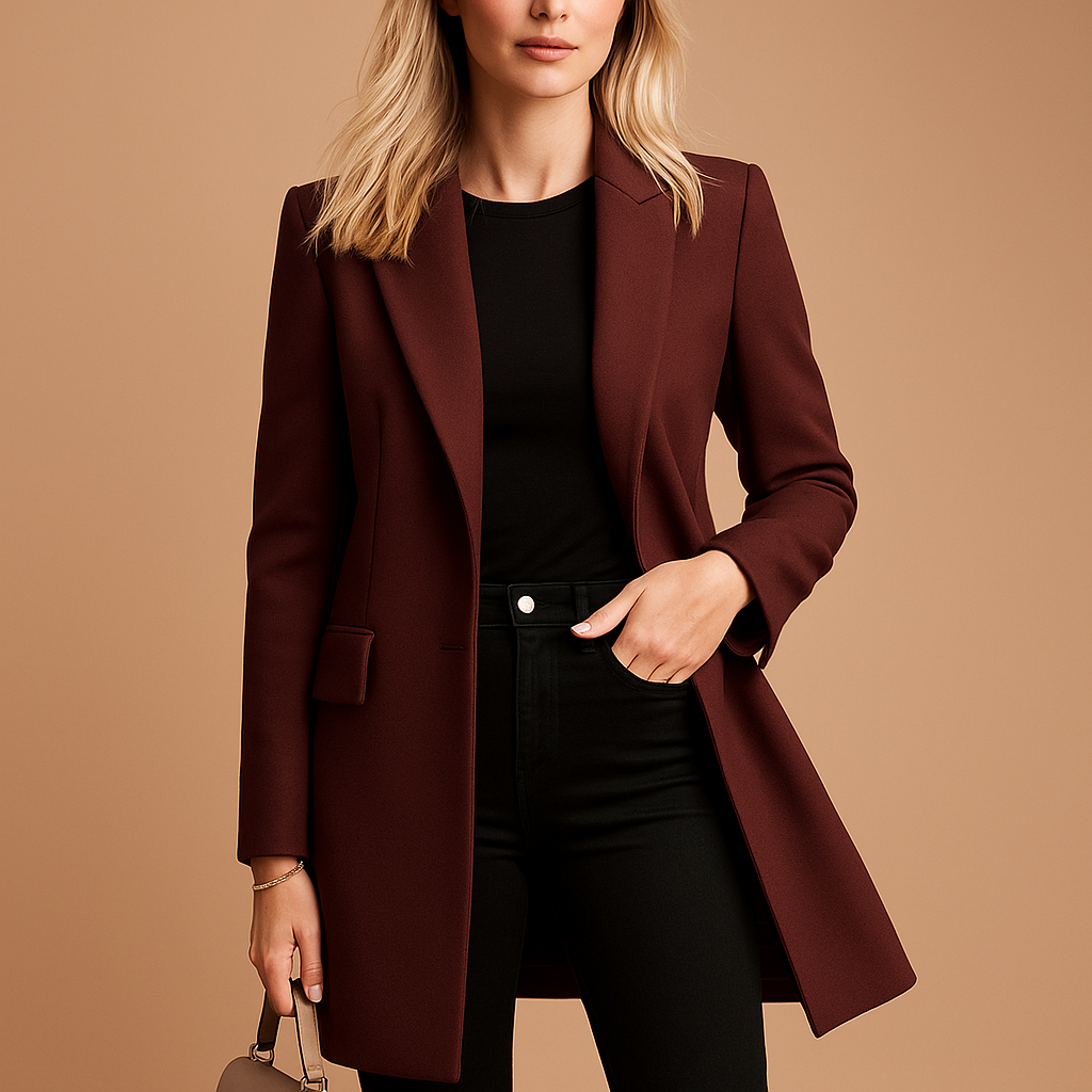 Double-breasted trench coat for women with tailored fit and classic design details. Perfect for formal occasions, work, or stylish daily wear.