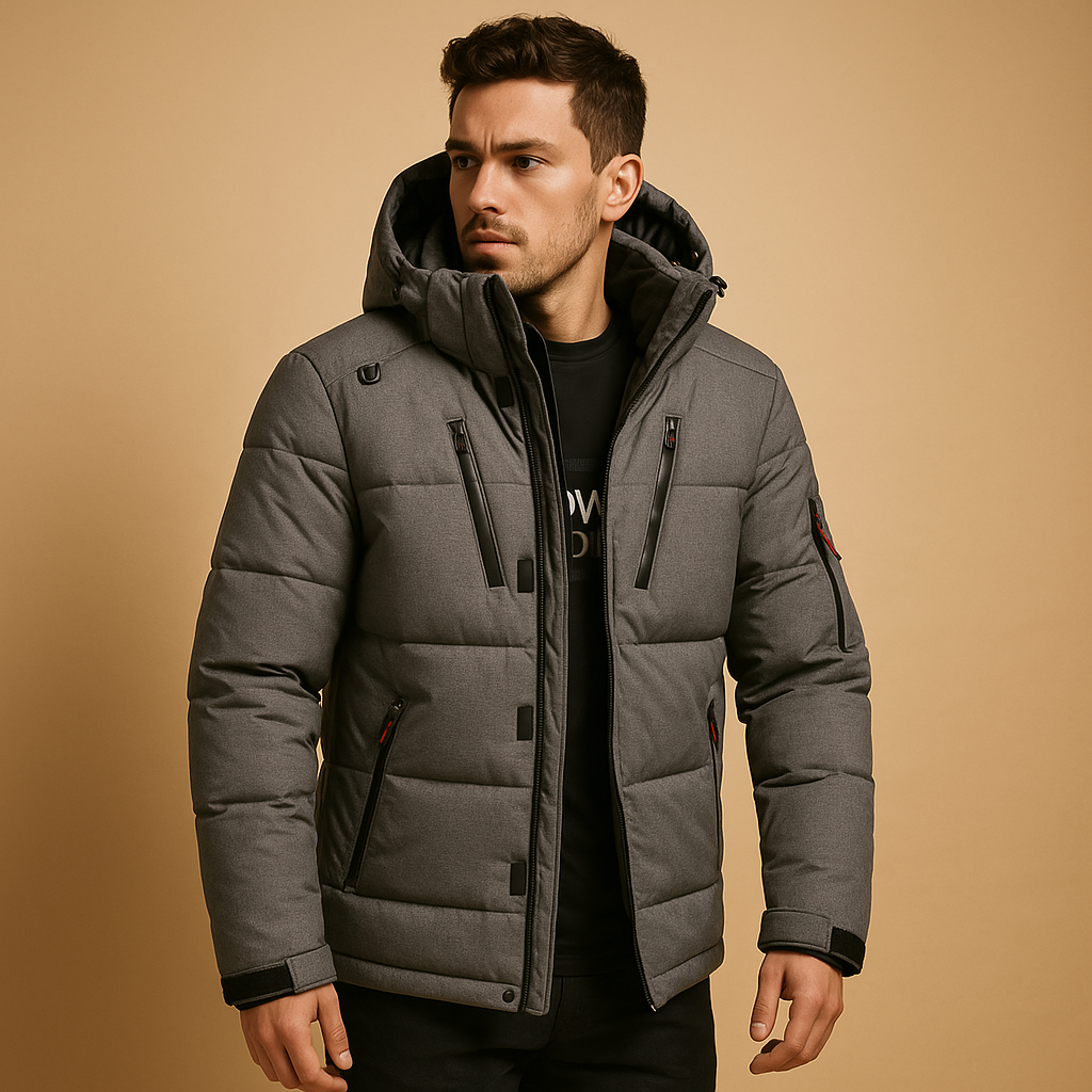 Men’s down parka jacket with detachable hood and warm insulation, ideal for cold winter days and outdoor activities.