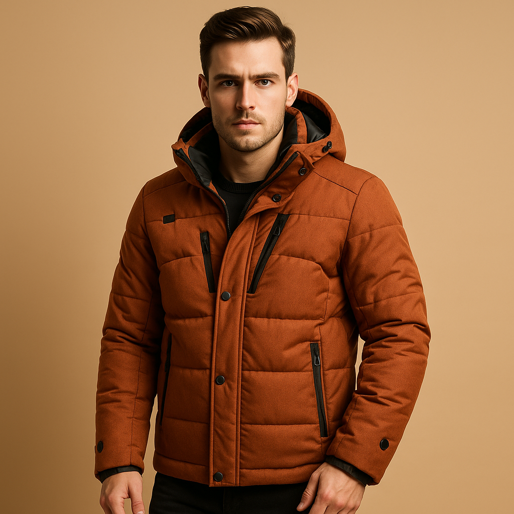 Men’s down parka jacket with detachable hood and warm insulation, ideal for cold winter days and outdoor activities.