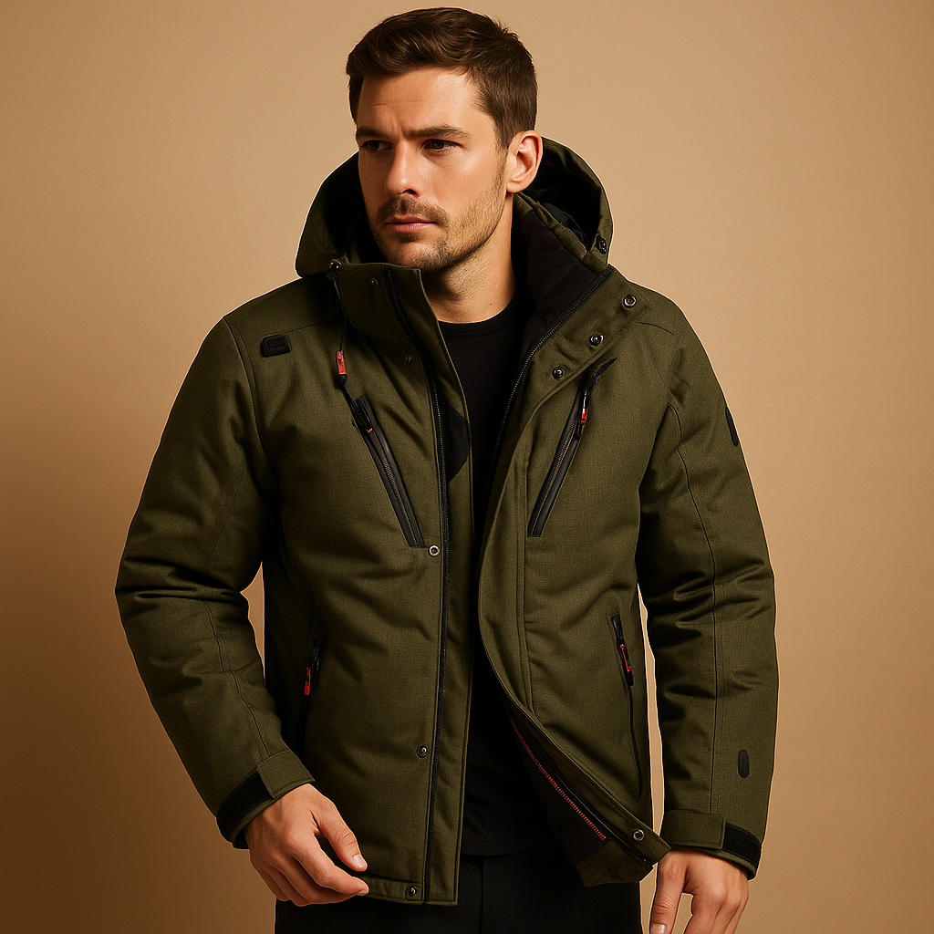 Men’s down parka jacket with detachable hood and warm insulation, ideal for cold winter days and outdoor activities.