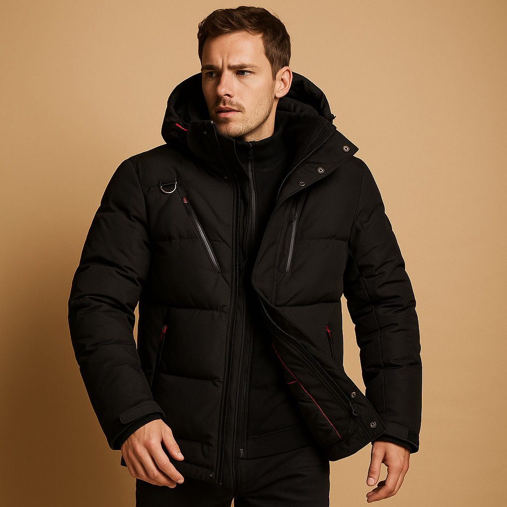 Men’s down parka jacket with detachable hood and warm insulation, ideal for cold winter days and outdoor activities.
