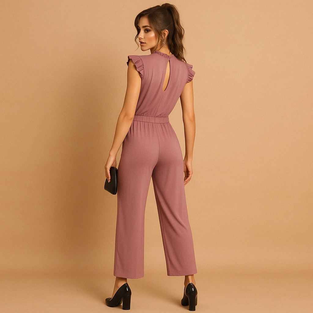 Elegant belted jumpsuit for women with a high neckline, cap sleeves, and tailored fit, perfect for formal occasions and stylish evenings.