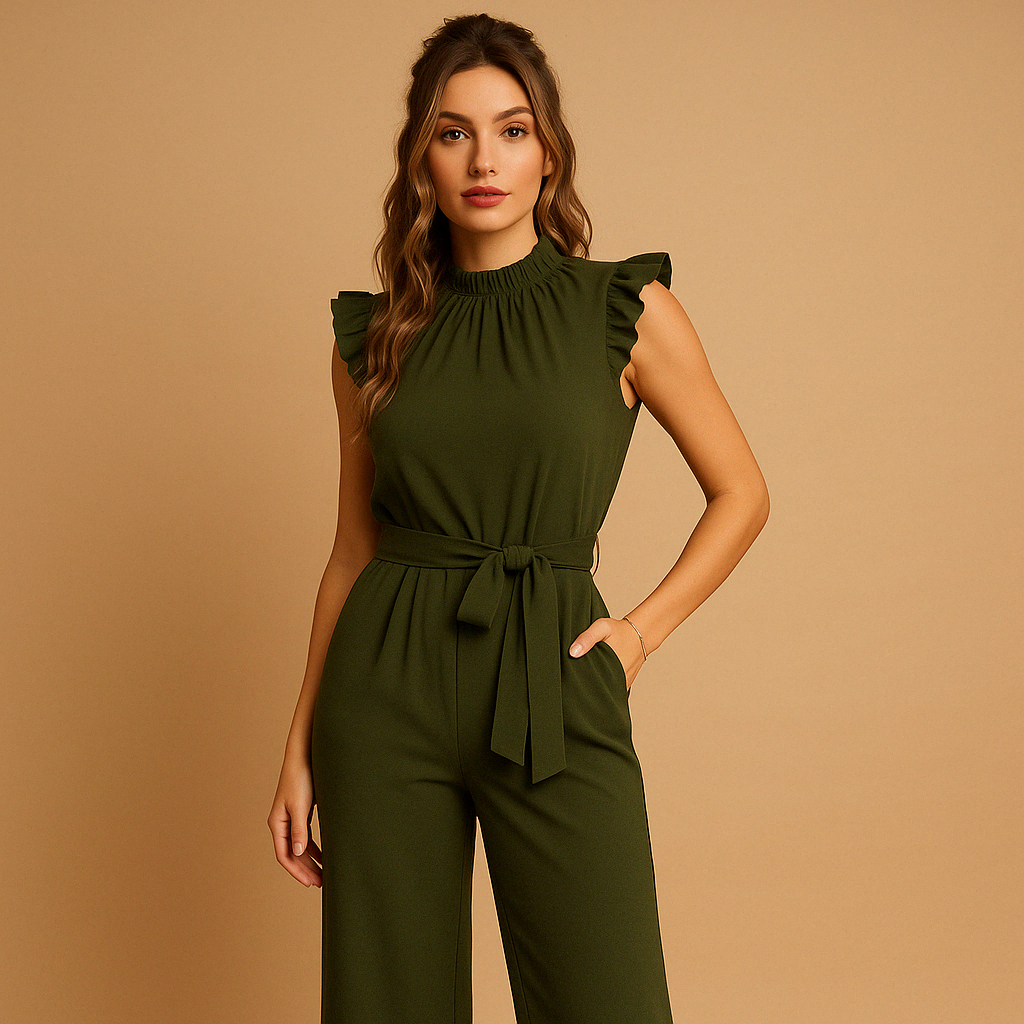 Elegant belted jumpsuit for women with a high neckline, cap sleeves, and tailored fit, perfect for formal occasions and stylish evenings.