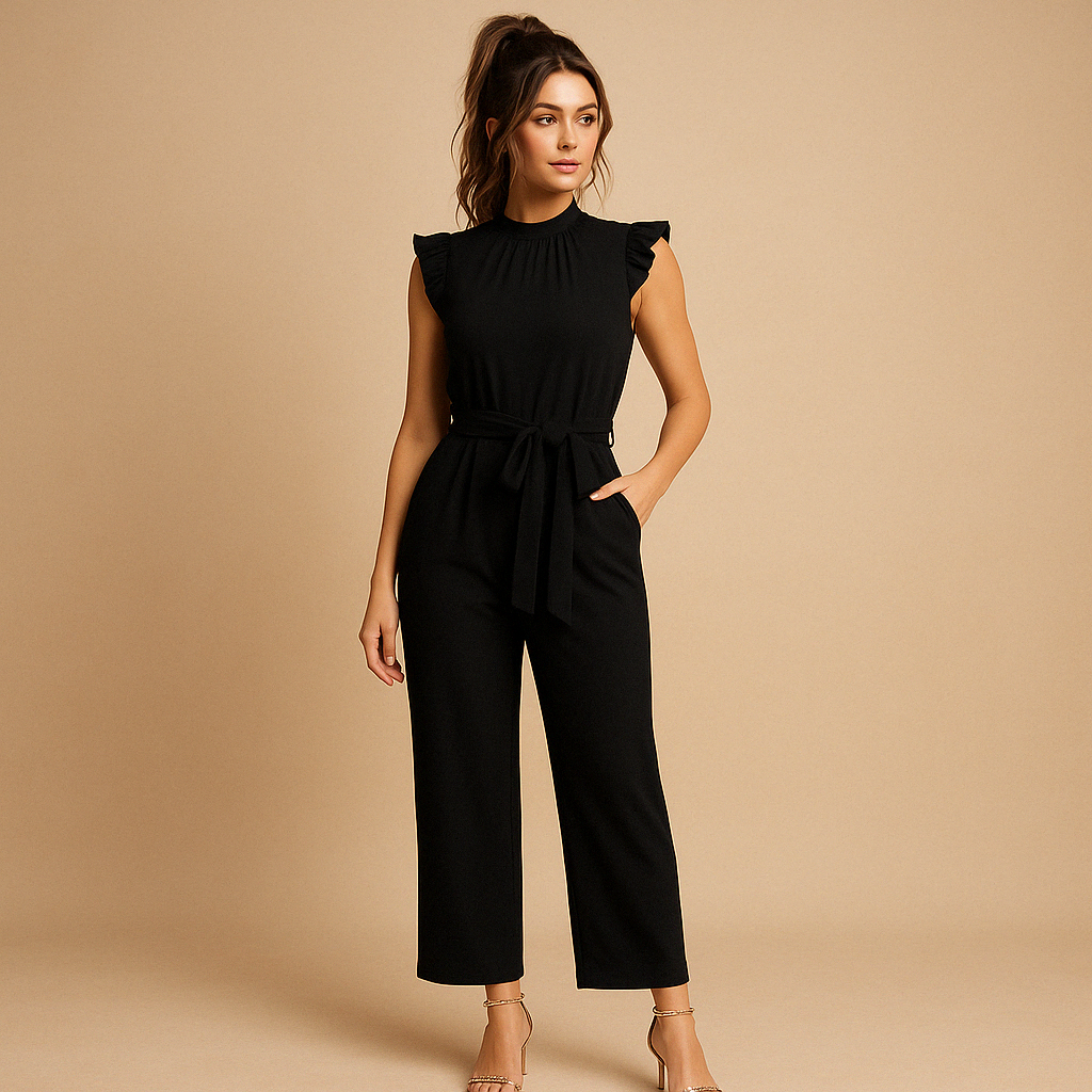 Elegant belted jumpsuit for women with a high neckline, cap sleeves, and tailored fit, perfect for formal occasions and stylish evenings.