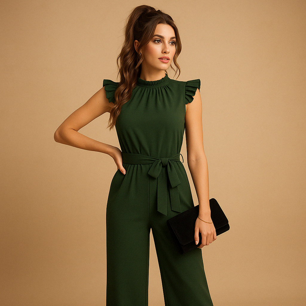 Elegant belted jumpsuit for women with a high neckline, cap sleeves, and tailored fit, perfect for formal occasions and stylish evenings.