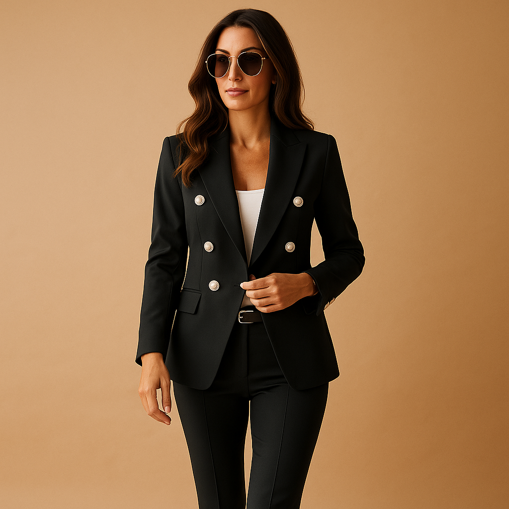 Women’s elegant blazer and pants suit with a tailored fit, ideal for business meetings, office wear, or formal occasions.