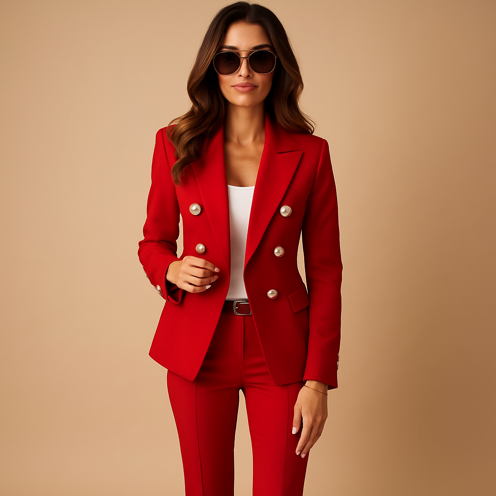 Women’s elegant blazer and pants suit with a tailored fit, ideal for business meetings, office wear, or formal occasions.