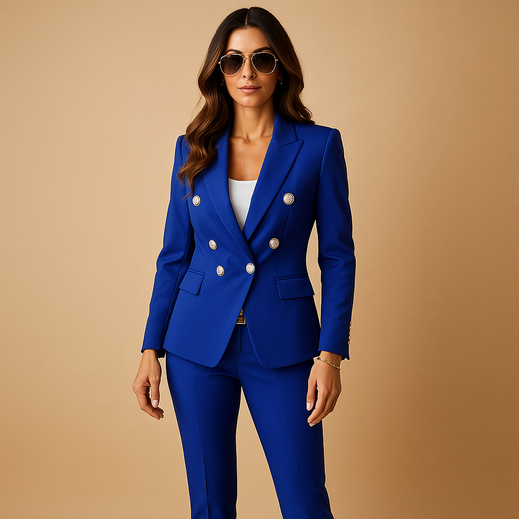 Women’s elegant blazer and pants suit with a tailored fit, ideal for business meetings, office wear, or formal occasions.