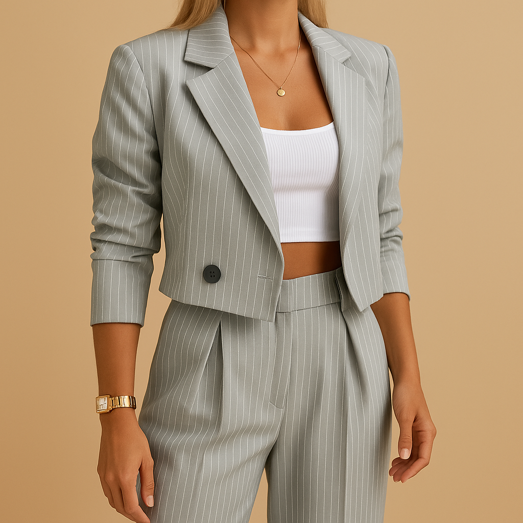 Women’s elegant blazer and trousers set in classic design, perfect for formal events, work, or casual-chic occasions.