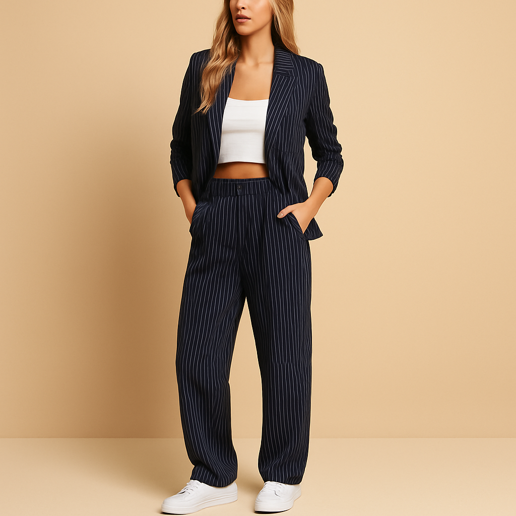 Women’s elegant blazer and trousers set in classic design, perfect for formal events, work, or casual-chic occasions.