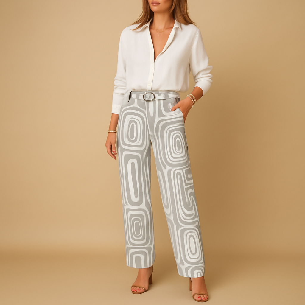 Women’s elegant two-piece set with long-sleeve blouse and matching pants, perfect for work, casual days, or stylish evenings out.