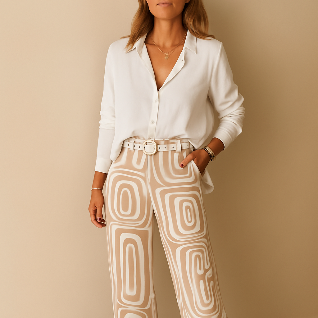 Women’s elegant two-piece set with long-sleeve blouse and matching pants, perfect for work, casual days, or stylish evenings out.