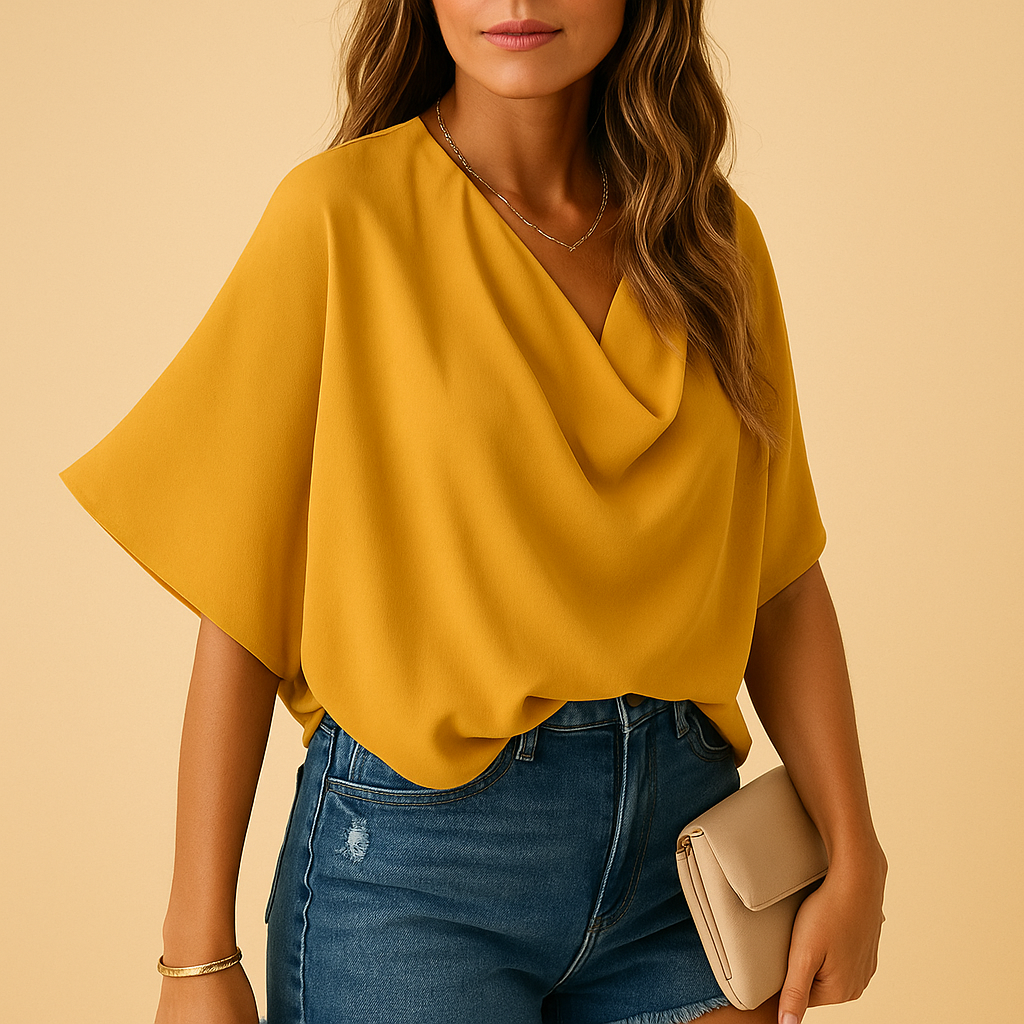 Lightweight women’s chiffon blouse with batwing sleeves and V-neck, perfect for everyday wear or casual occasions.