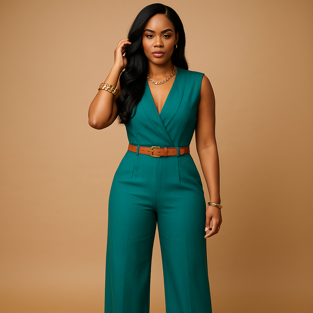 Elegant deep V-neck jumpsuit for women with a high waist and flowing design, perfect for evening events, parties, and special occasions.