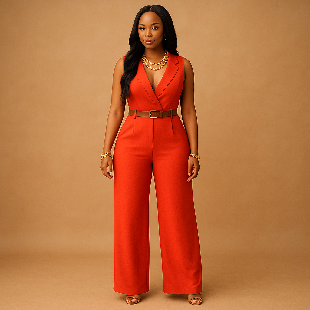 Elegant deep V-neck jumpsuit for women with a high waist and flowing design, perfect for evening events, parties, and special occasions.