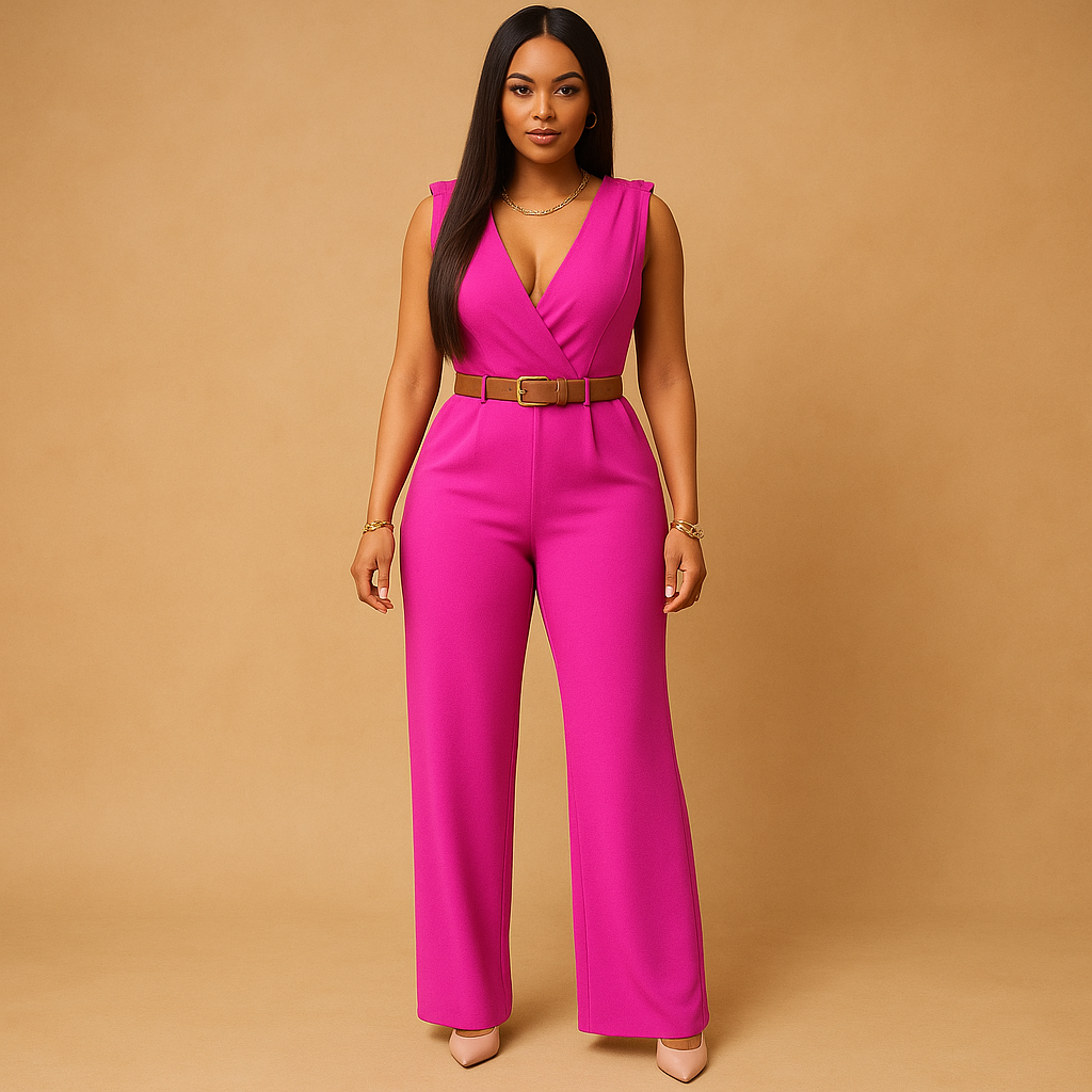 Elegant deep V-neck jumpsuit for women with a high waist and flowing design, perfect for evening events, parties, and special occasions.