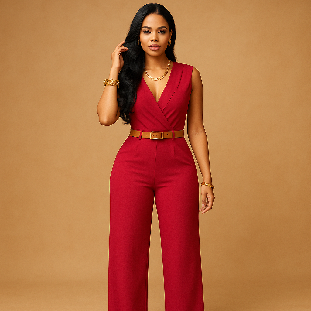 Elegant deep V-neck jumpsuit for women with a high waist and flowing design, perfect for evening events, parties, and special occasions.