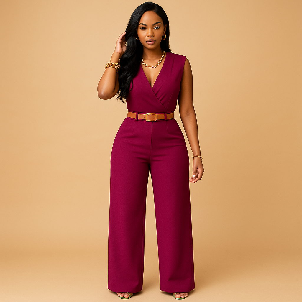 Elegant deep V-neck jumpsuit for women with a high waist and flowing design, perfect for evening events, parties, and special occasions.