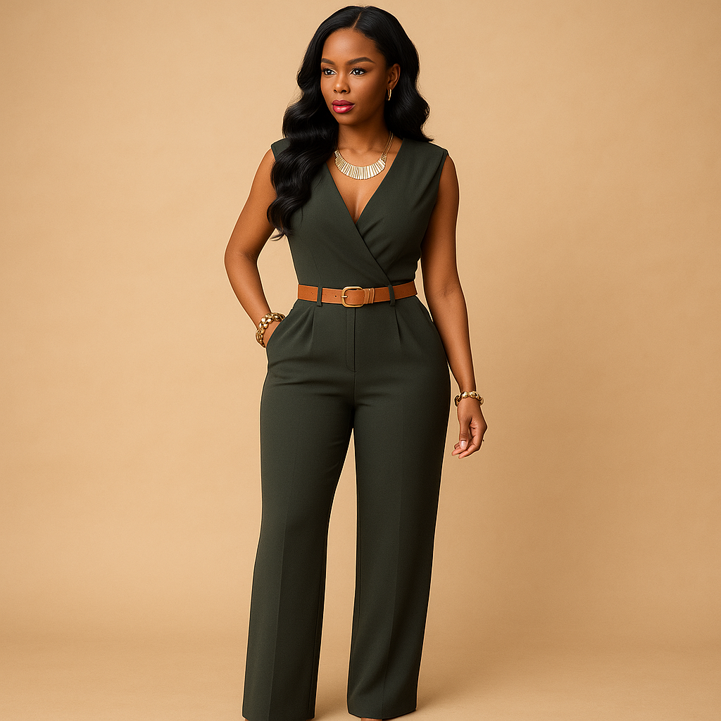 Elegant deep V-neck jumpsuit for women with a high waist and flowing design, perfect for evening events, parties, and special occasions.