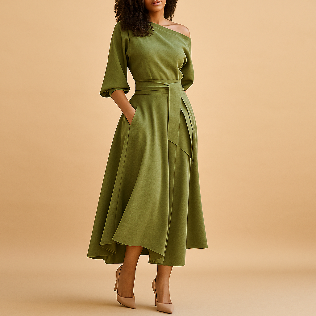 Elegant women’s dress with flattering waistband, ideal for casual outings, parties, and weddings, offering comfort and timeless style.