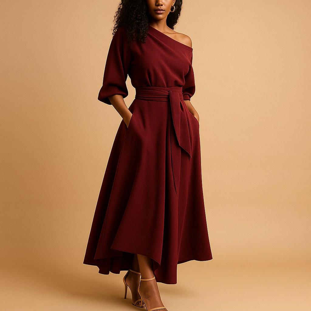 Elegant women’s dress with flattering waistband, ideal for casual outings, parties, and weddings, offering comfort and timeless style.