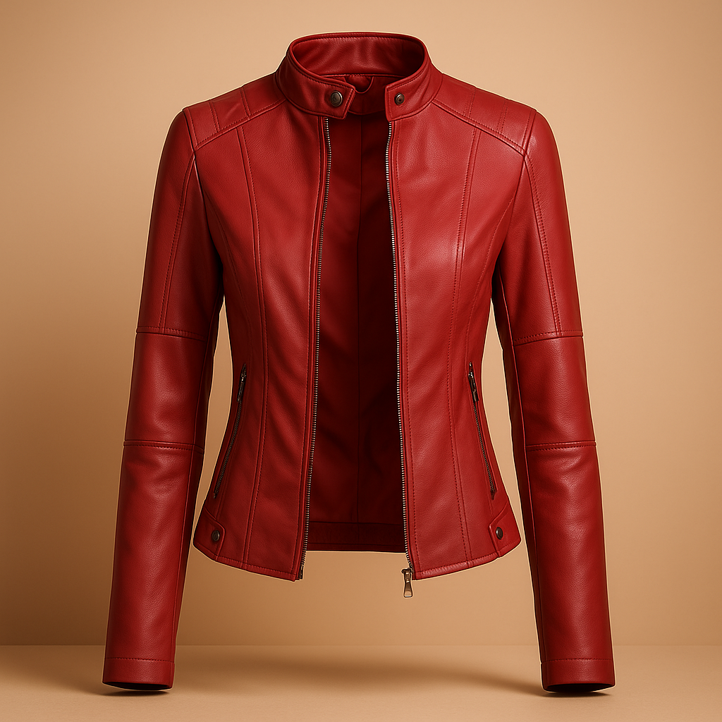 Elegant leather jacket for women with symmetric zipper and collar snaps, perfect for stylish autumn and spring outfits in timeless colors.