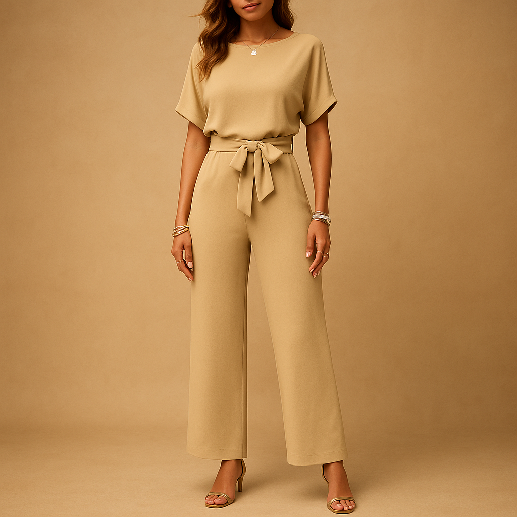 Elegant long-sleeve jumpsuit for women with tailored fit and flowy sleeves, perfect for formal occasions, galas, and evening events.