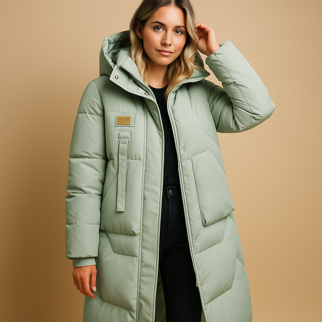 Elegant long winter coat for women with tailored fit, soft lining, and practical side pockets, perfect for stylish and warm winter days.