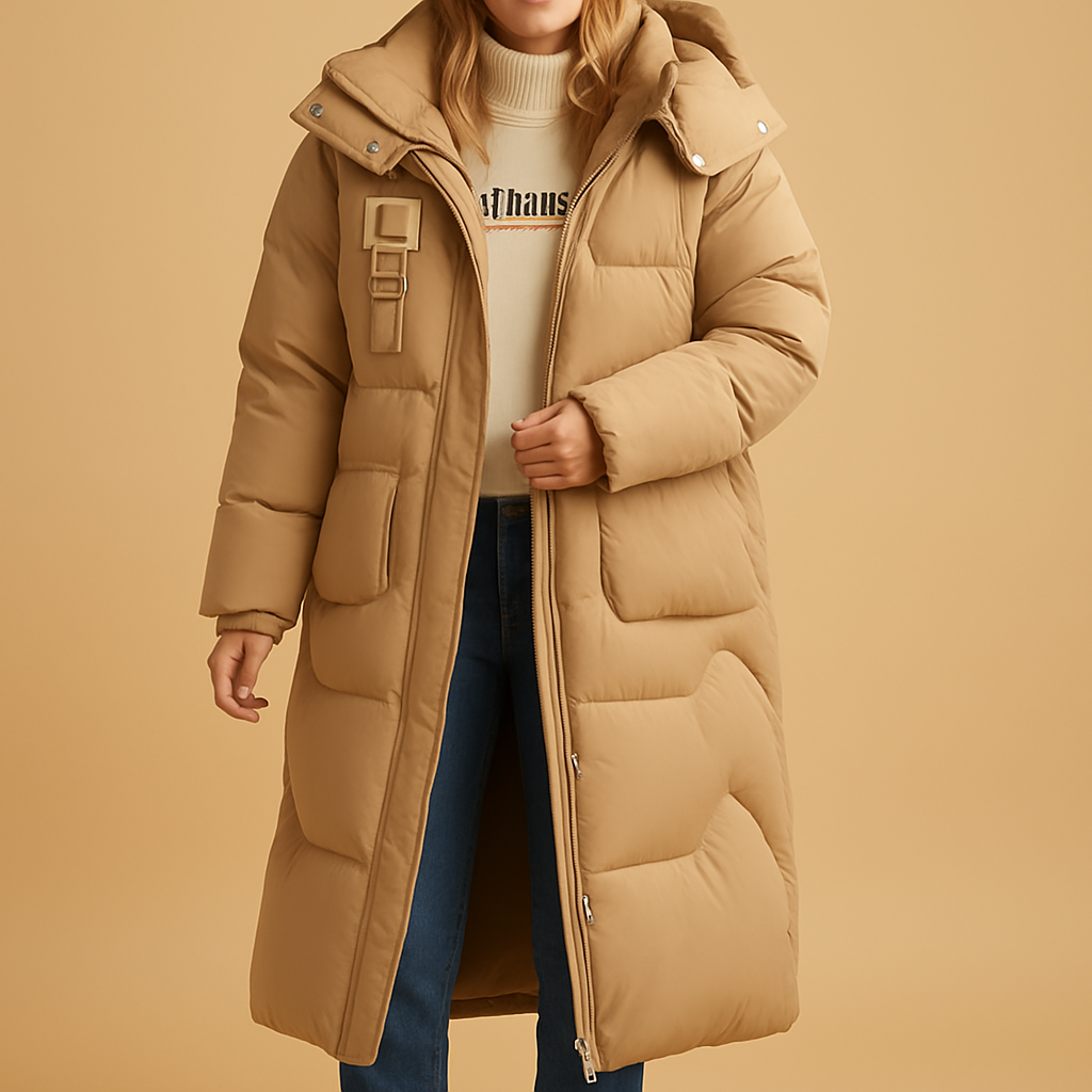 Elegant long winter coat for women with tailored fit, soft lining, and practical side pockets, perfect for stylish and warm winter days.