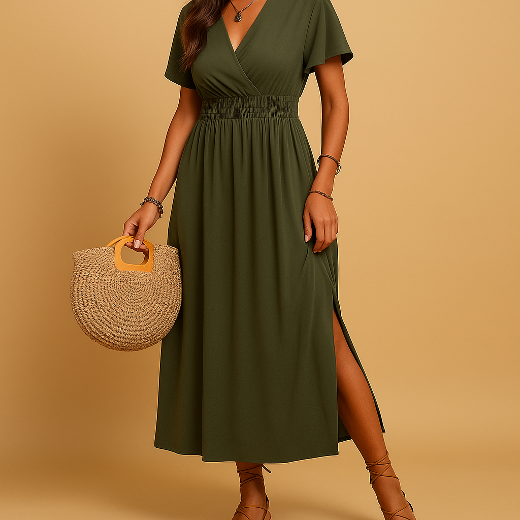 Elegant midi dress for women with classic V-neck and slimming silhouette, perfect for formal and semi-formal occasions.