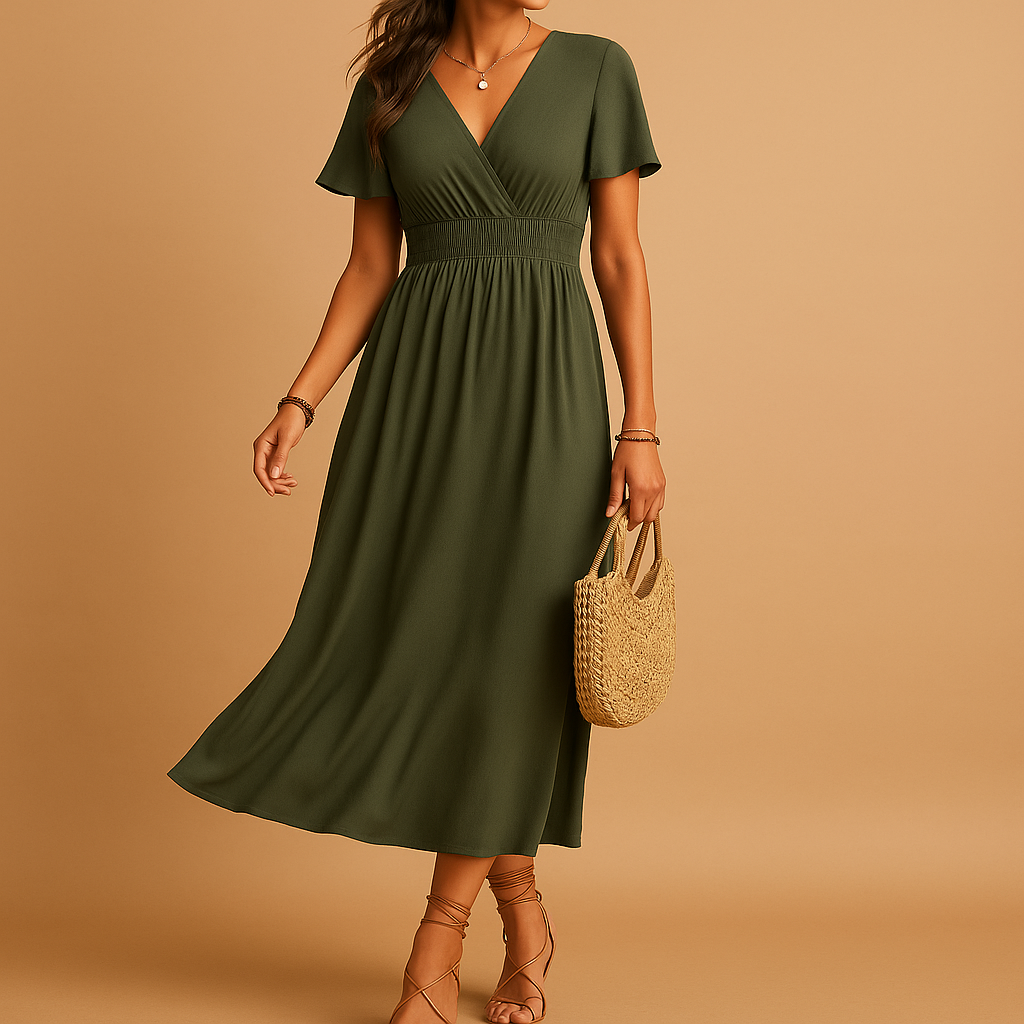 Elegant midi dress for women with classic V-neck and slimming silhouette, perfect for formal and semi-formal occasions.