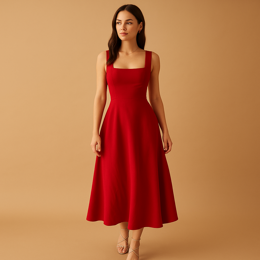 Elegant square neck midi dress for women with wide straps and lace-up waist, ideal for work, weddings, parties, and casual wear.