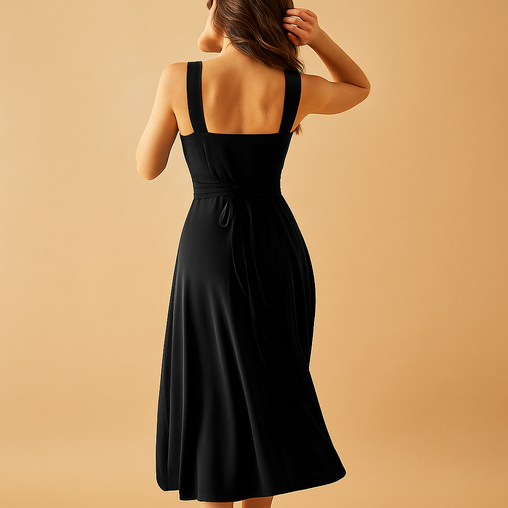 Elegant square neck midi dress for women with wide straps and lace-up waist, ideal for work, weddings, parties, and casual wear.